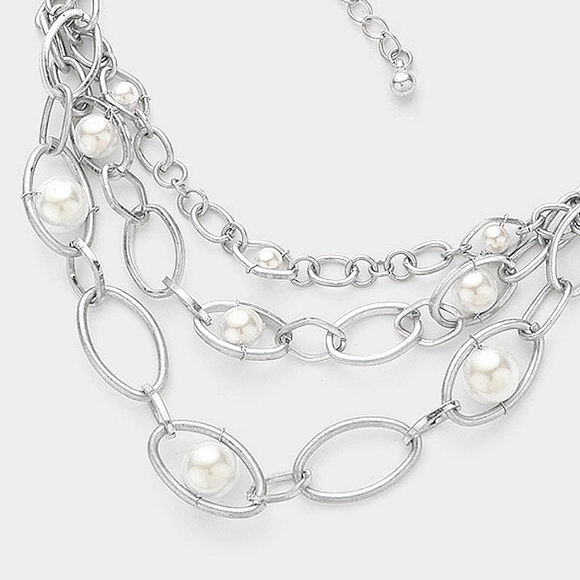 Layered Silver & White Pearl Necklace Chain Link Oval Metal Statement Jewelry - Picture 3 of 4
